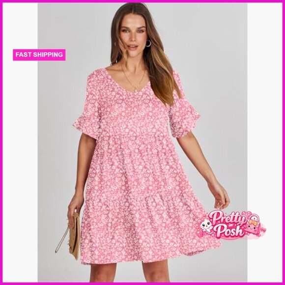 V Neck Ruffle Sleeve A Line Tiered Mini Dress with Pockets - Picture 2 of 7